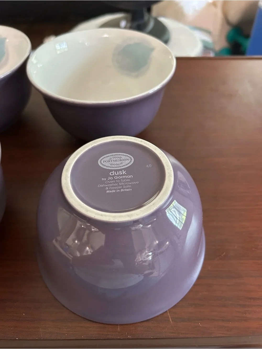 NWOT Portmeirion “Dusk” set a four cereal or rice  Bowls. Lavender and white.